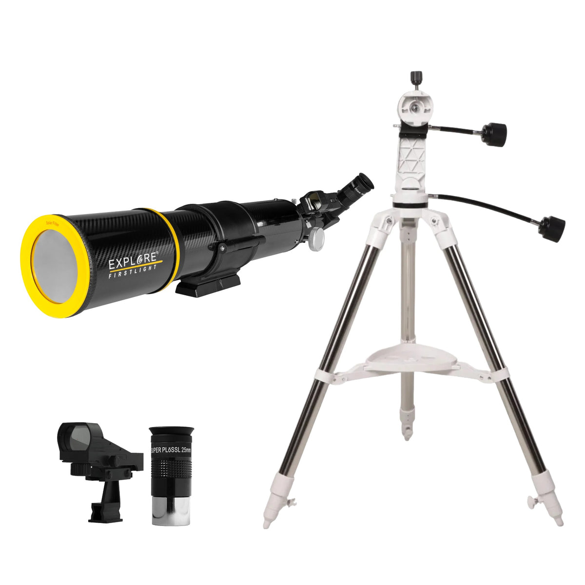FirstLight 80mm f/8 Carbon Fiber Refractor with solar filter and Sidara Nano Alt-Az Mount with tripod, eyepiece and red dot finder