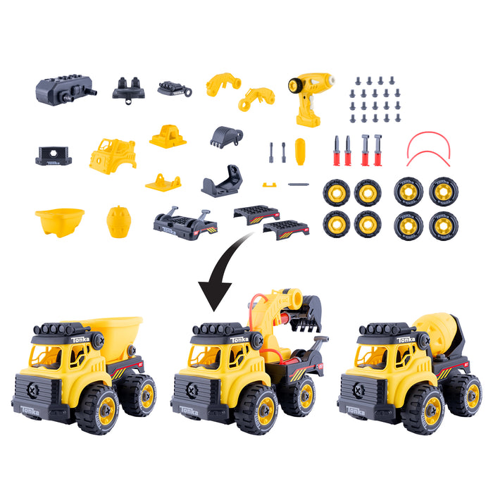 Tonka R/C Builder Kit - Junior builders can create their own job site with this three-in-one construction truck set that includes a vehicle base and swappable attachments that can be used to turn the truck into an excavator, a concrete mixer or a dump truck